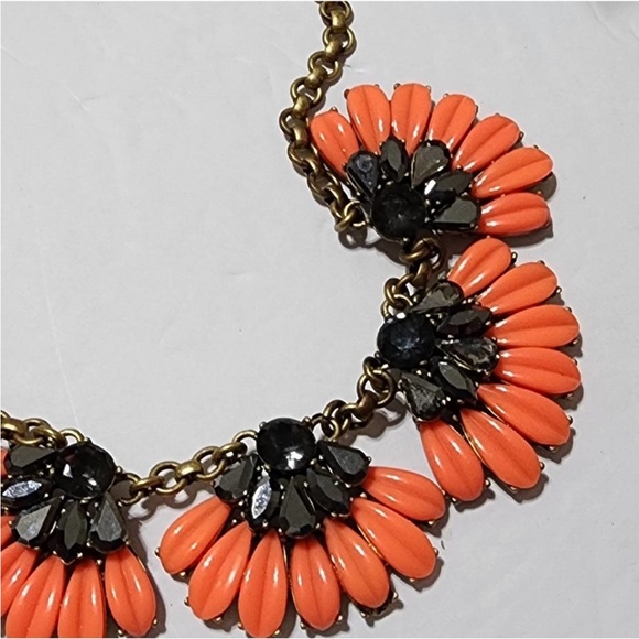 J. Crew Coral and Gold Flower Rhinestone Necklace, Statement Necklace - Picture 12 of 16